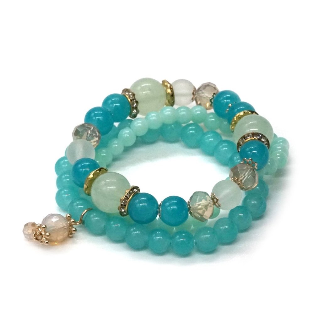 Bracelet Three Strands Teal, & Gold Beads.